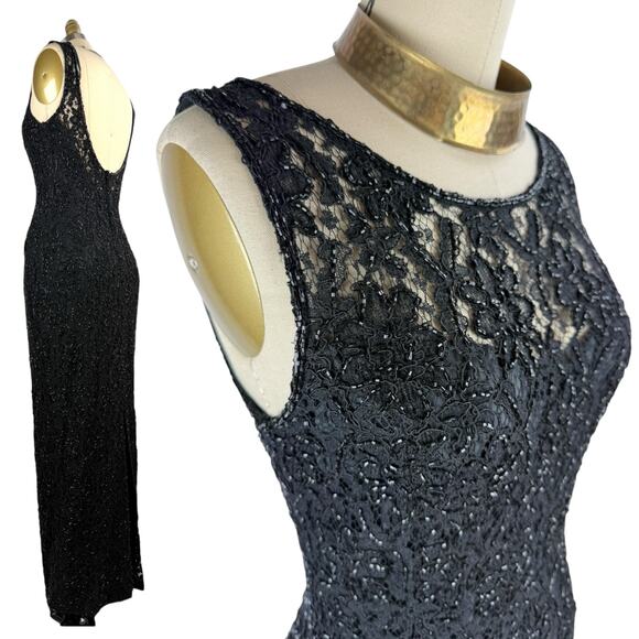 Vintage CARMEN MARC VALVO runway black lace glass beaded evening gown SIZE 4 - Picture 3 of 16